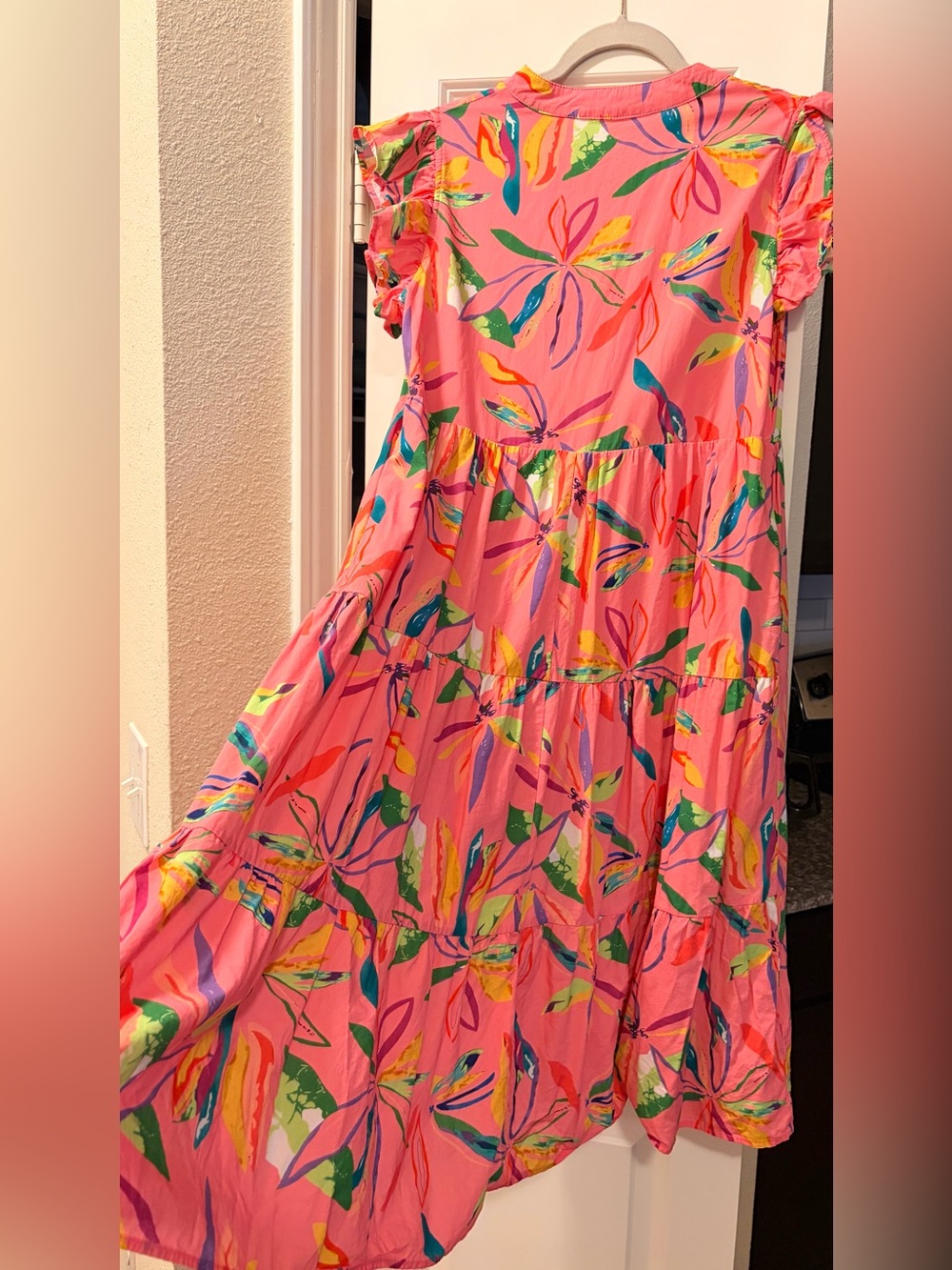 Bright Pink Floral Tiered Midi Dress with Flutter Sleeves - Picture 8 of 9